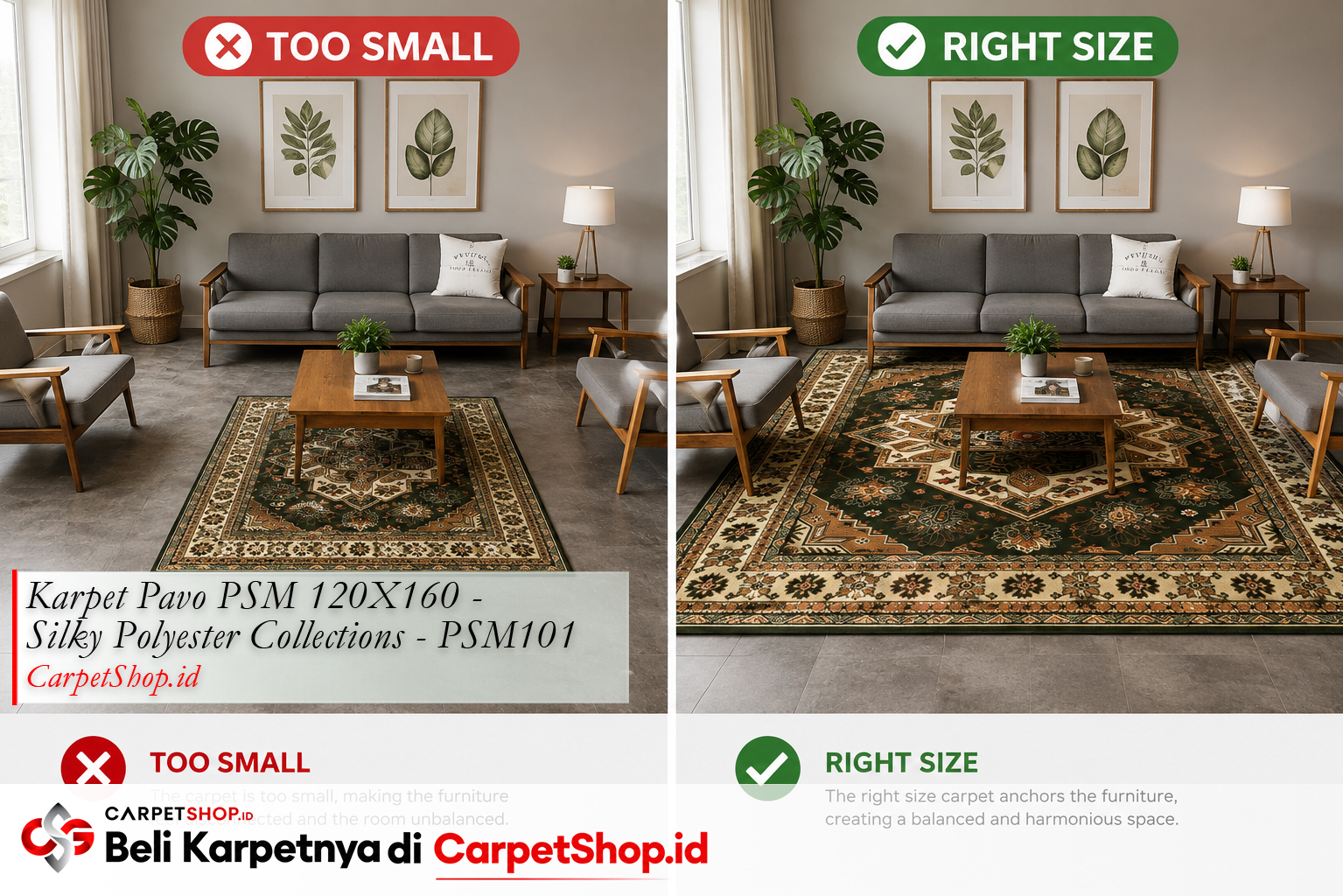 Perbandingan karpet terlalu kecil vs ukuran tepat -- Karpet Pavo PSM 120X160 Silky Polyester PSM101