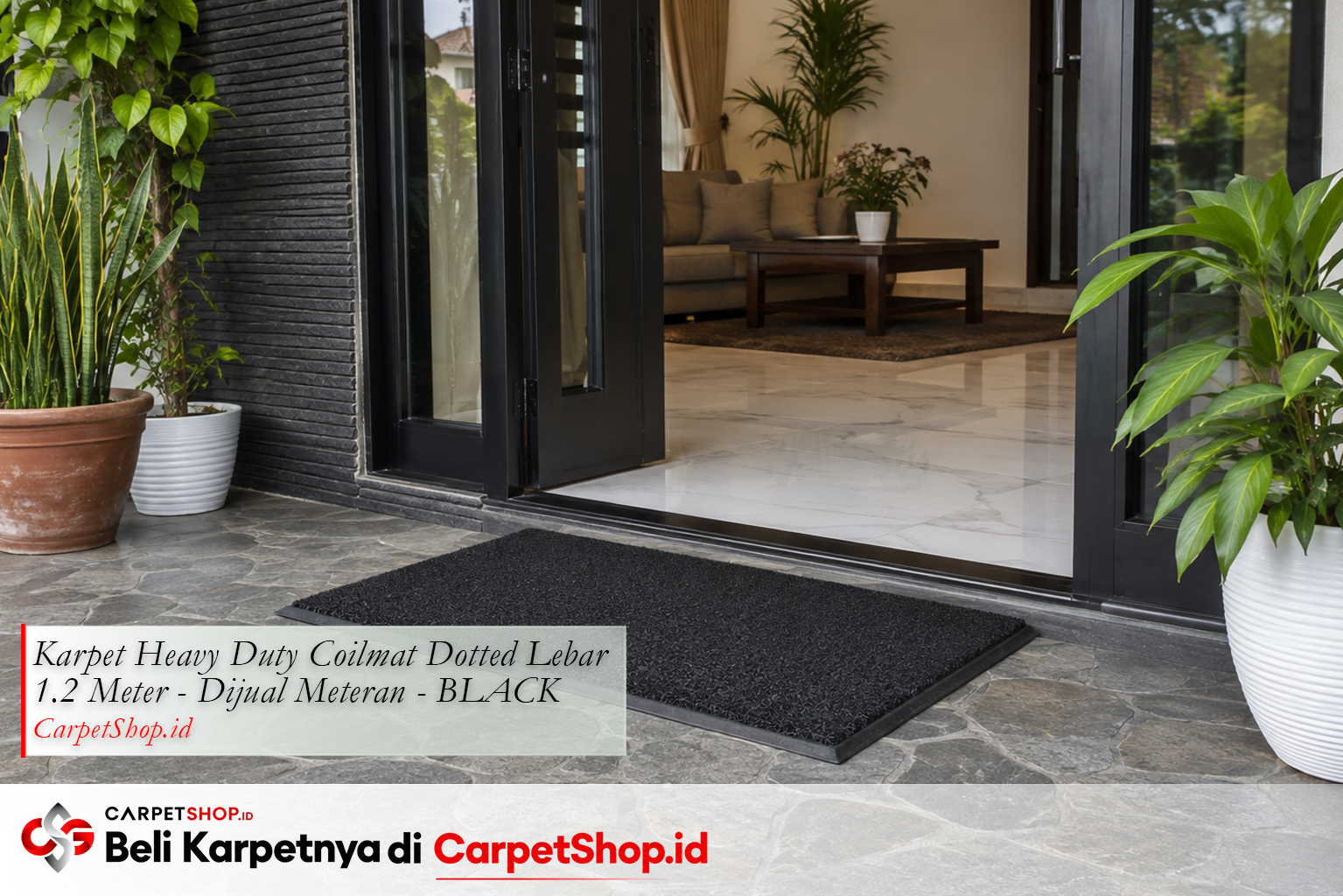 Kombinasi karpet PVC Vinyl teras dan keset Coilmat Black di pintu