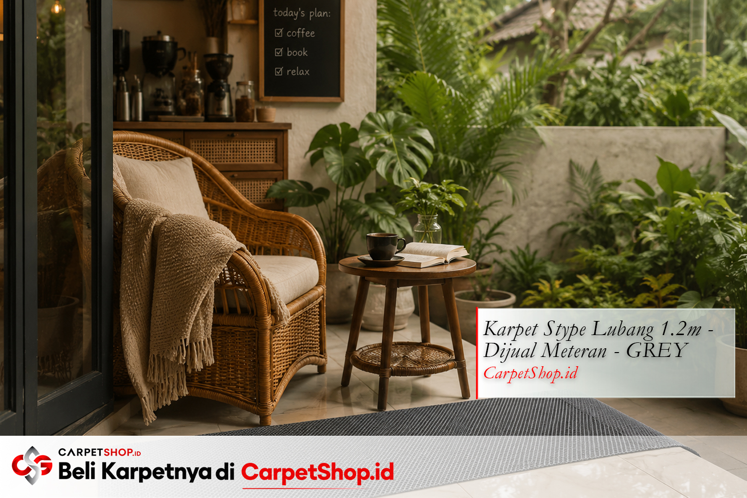 Teras rumah aesthetic ala kafe dengan Karpet Stype Lubang 1.2m Warna Grey